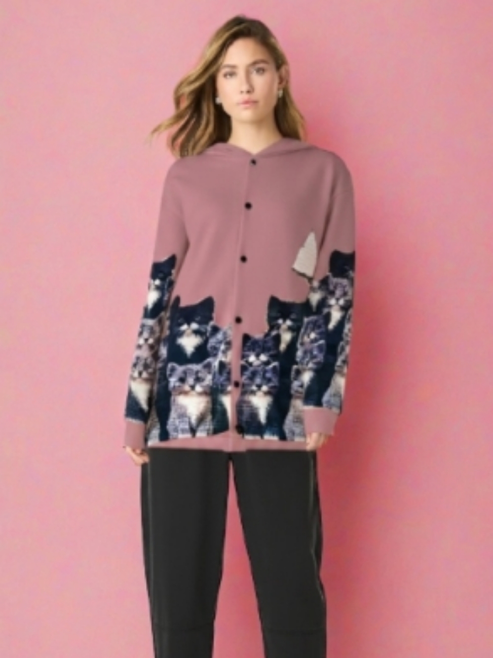 Pink Hooded Cardigan with Cat Print